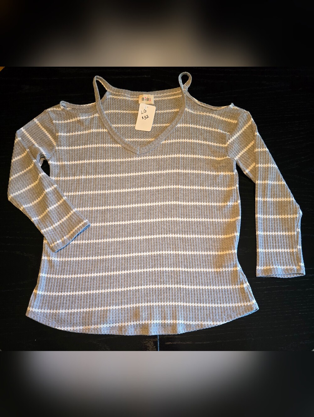 BiBi Gray & White Striped V-Neck Long Sleeve Top